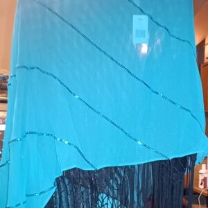 Teal Shawl with Navy Fringe